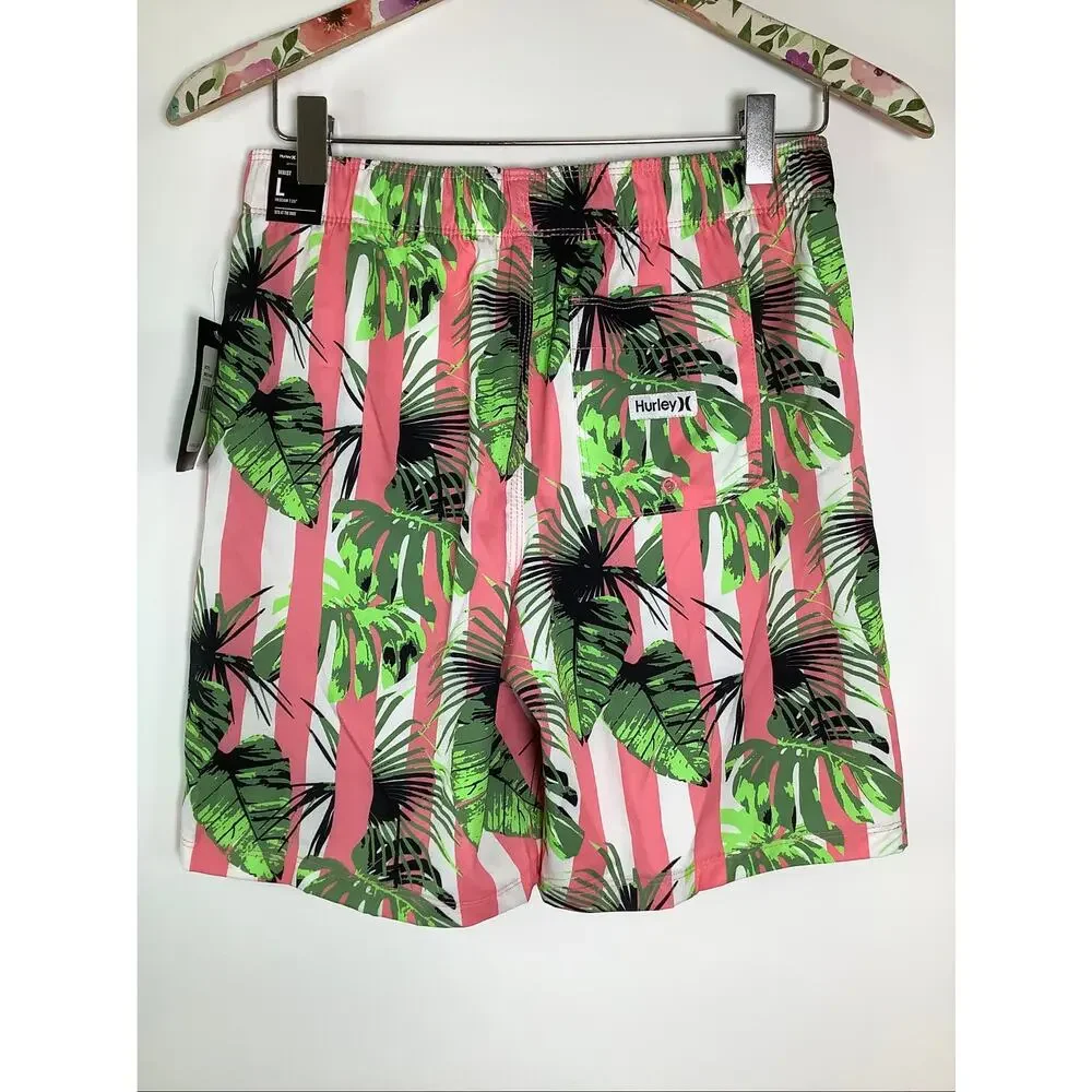 Hurley Boys Large Sunset Coral Cabana Stripe Pull On Swim Trunks Tropical V4-2